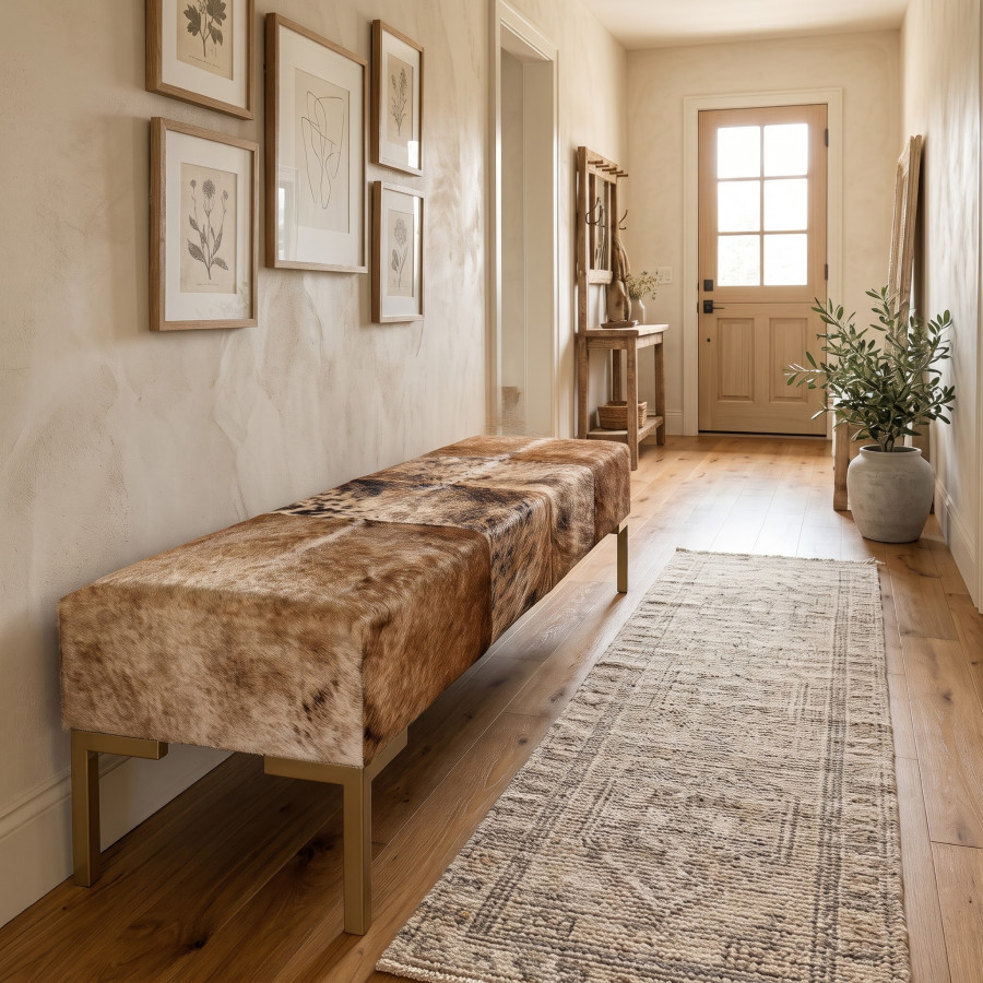 Genuine Cowhide Hair on Hide Bedroom Bench - End of Bed Upholstered Seating with Metal Legs - LFB70 6