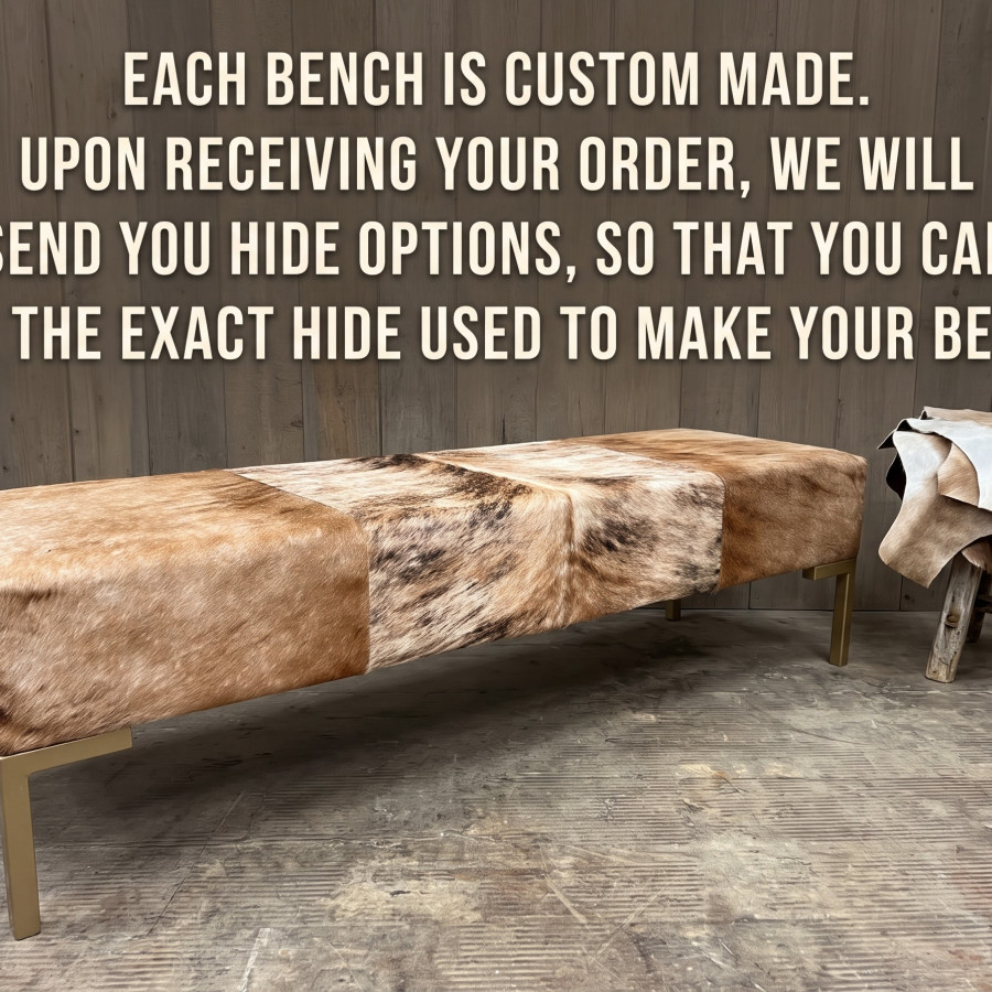 Genuine Cowhide Hair on Hide Bedroom Bench - End of Bed Upholstered Seating with Metal Legs - LFB70 7