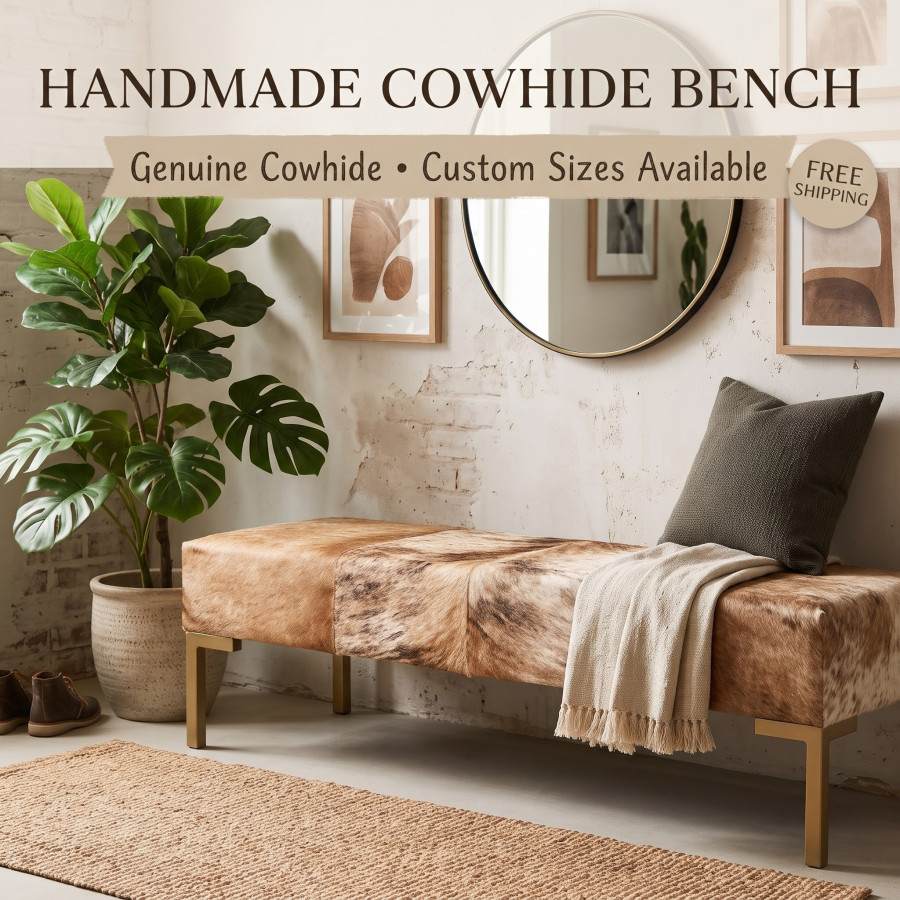 Genuine Cowhide Hair on Hide Bedroom Bench - End of Bed Upholstered Seating with Metal Legs - LFB70 8