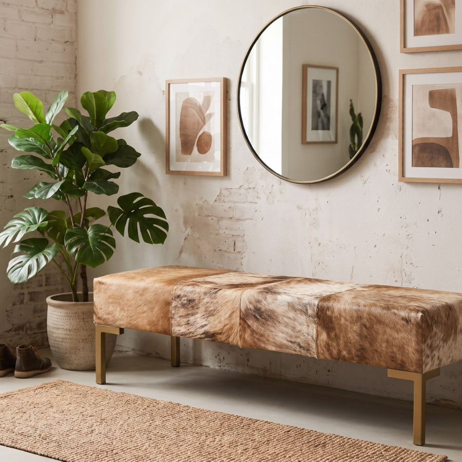 Genuine Cowhide Hair on Hide Bedroom Bench - End of Bed Upholstered Seating with Metal Legs - LFB70 9