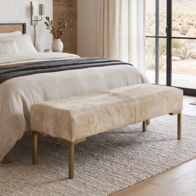 Off-White Cowhide Bench – Genuine White Hair-on-Hide, Steel Frame Bed Seating LFB60