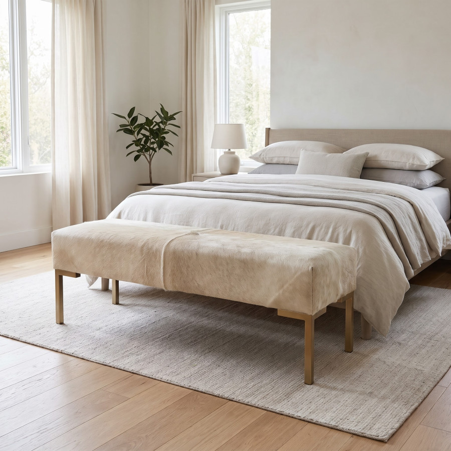 Off-White Cowhide Bench – Genuine White Hair-on-Hide, Steel Frame Bed Seating LFB60 0