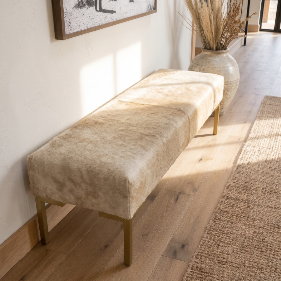Off-White Cowhide Bench – Genuine White Hair-on-Hide, Steel Frame Bed Seating LFB60 1