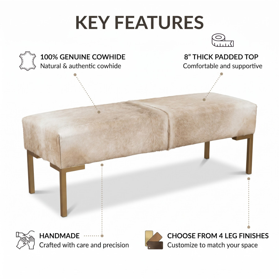 Off-White Cowhide Bench – Genuine White Hair-on-Hide, Steel Frame Bed Seating LFB60 3