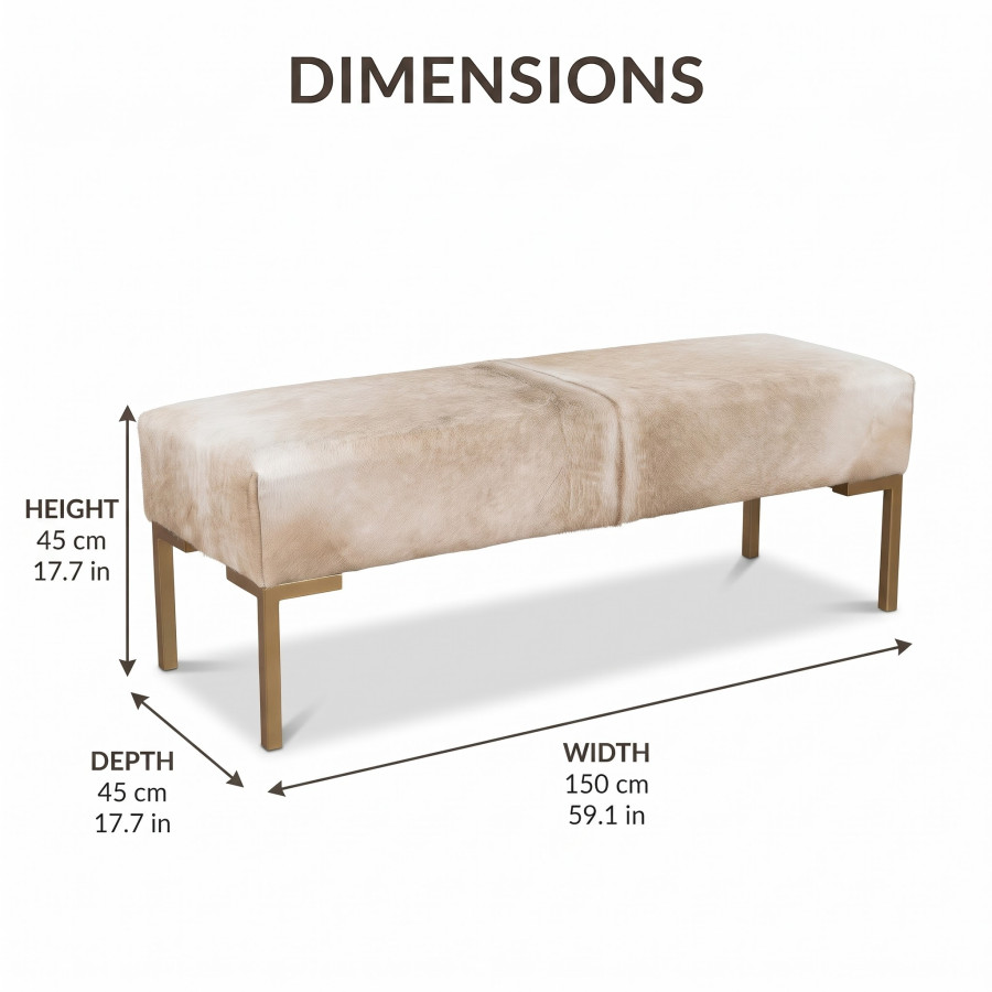 Off-White Cowhide Bench – Genuine White Hair-on-Hide, Steel Frame Bed Seating LFB60 4