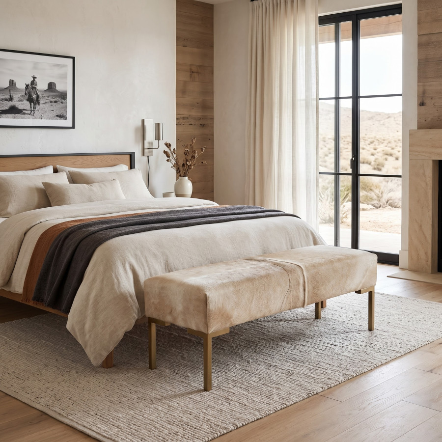 Off-White Cowhide Bench – Genuine White Hair-on-Hide, Steel Frame Bed Seating LFB60 6
