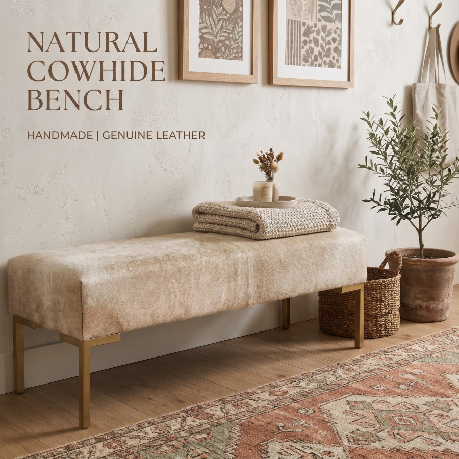 Off-White Cowhide Bench – Genuine White Hair-on-Hide, Steel Frame Bed Seating LFB60 10