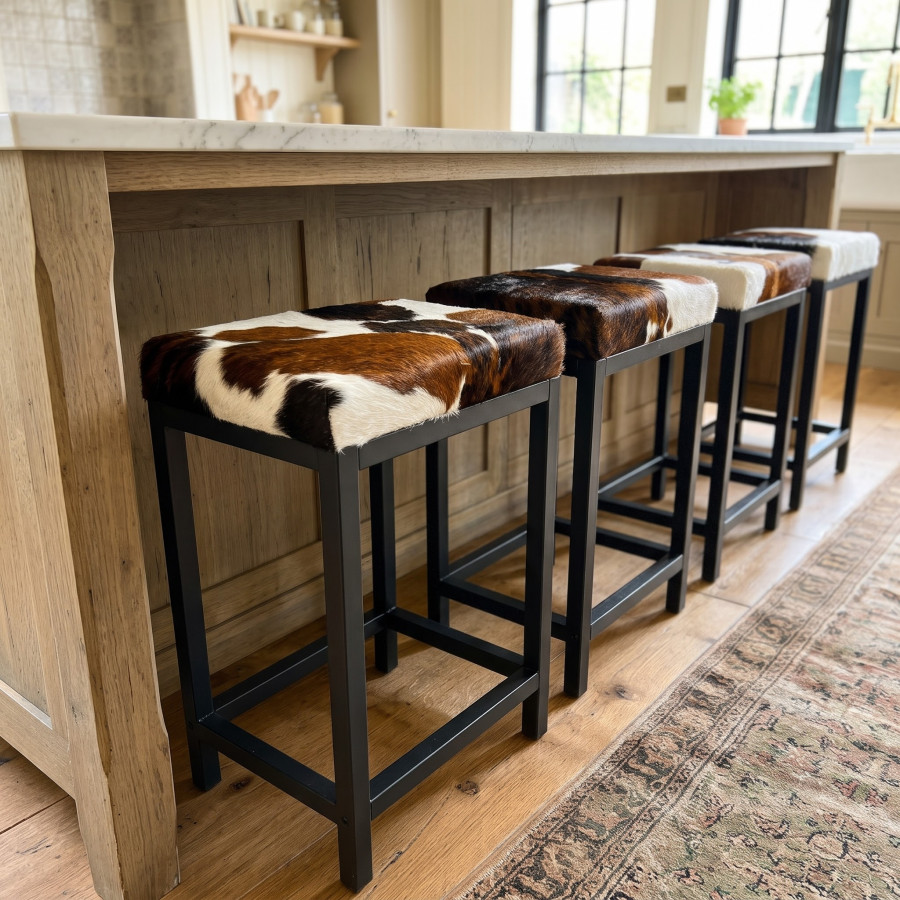 Genuine cowhide and steel stools in counter top or bar height - FP