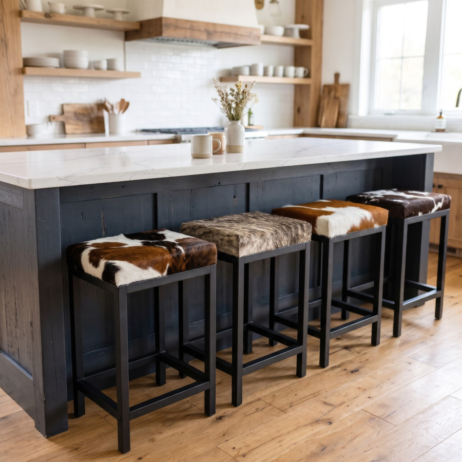 Genuine cowhide and steel stools in counter top or bar height - FP 0