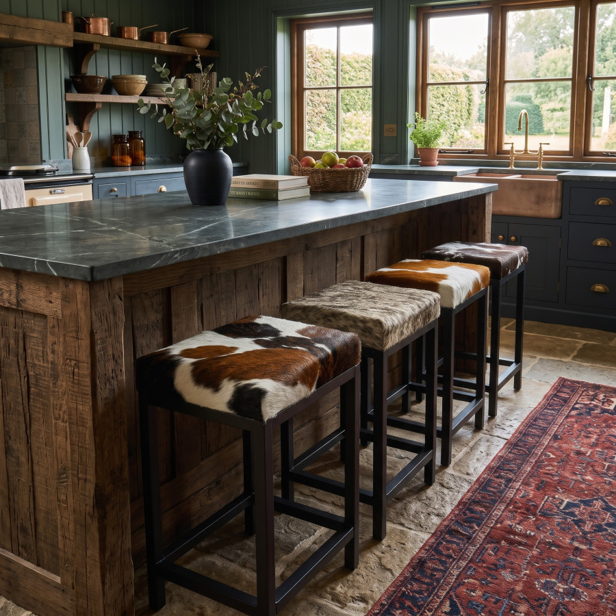 Genuine cowhide and steel stools in counter top or bar height - FP 1
