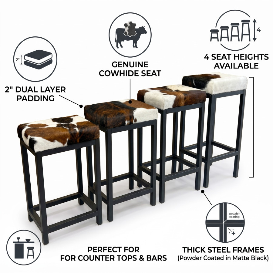 Genuine cowhide and steel stools in counter top or bar height - FP 5