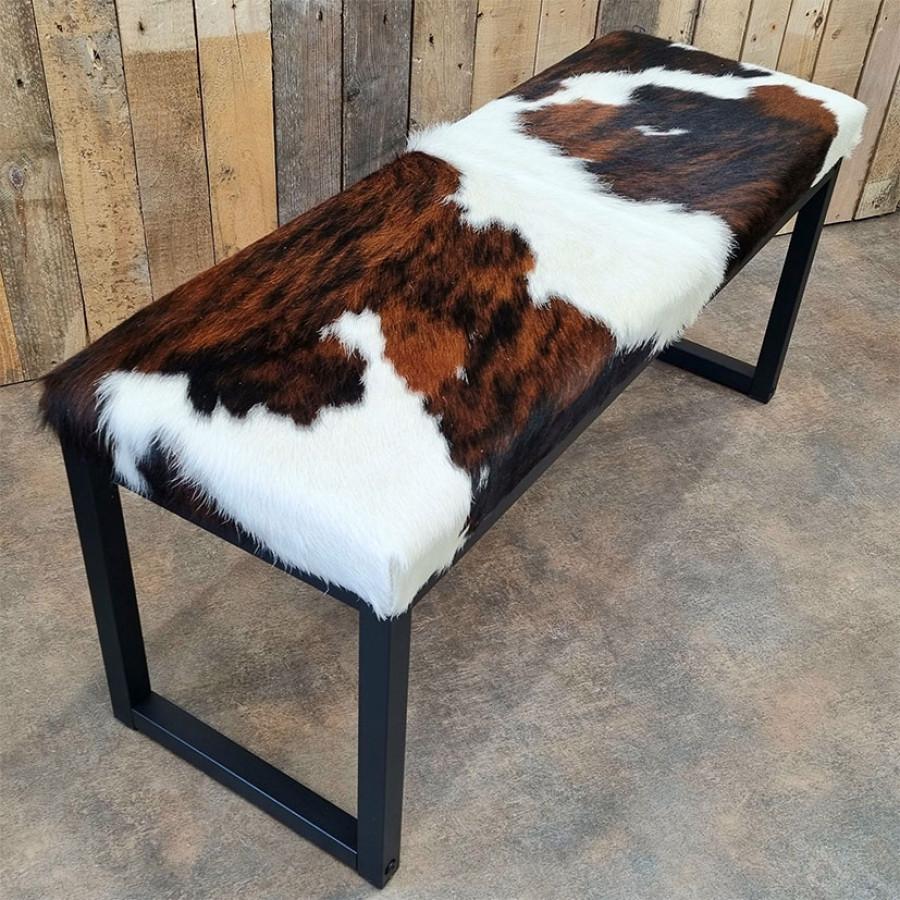 Genuine cowhide bench / cowhide ottoman  -Matte Black Steel Frame - Handmade