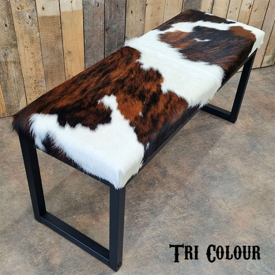 Genuine cowhide bench / cowhide ottoman  -Matte Black Steel Frame - Handmade 4