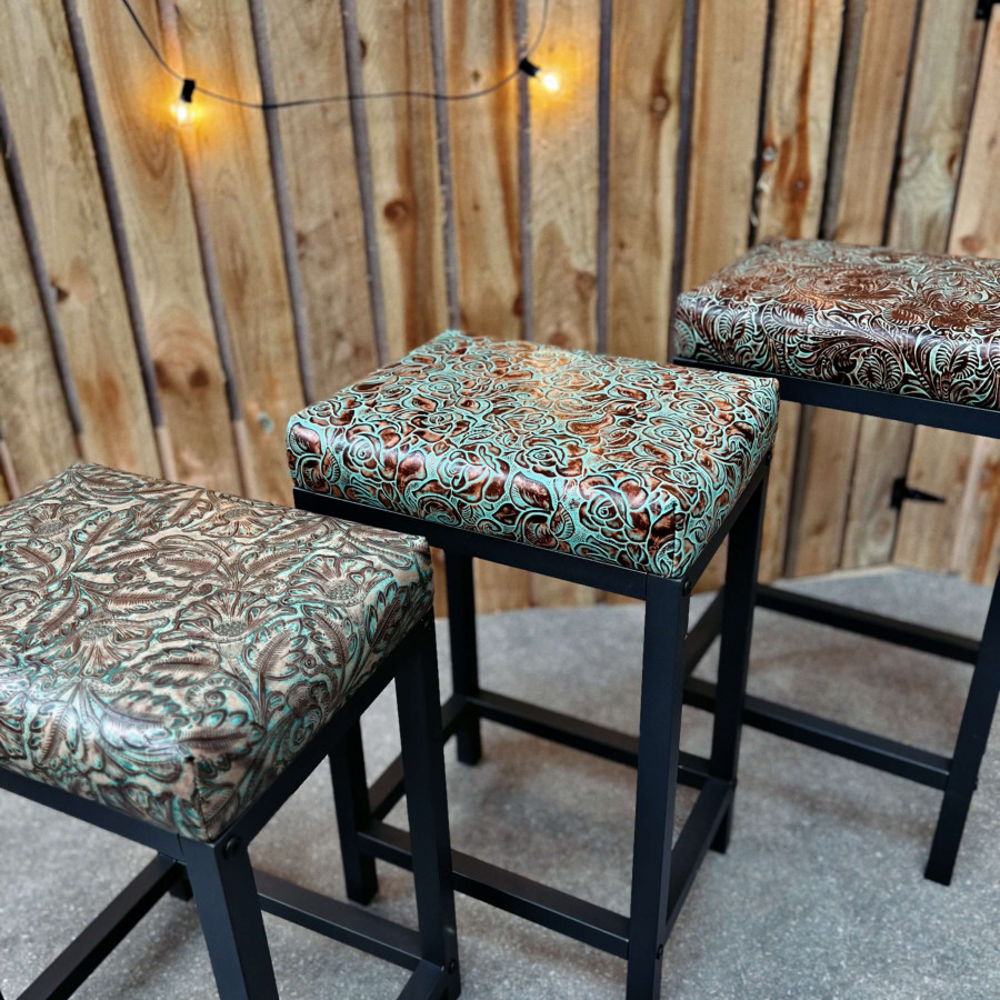 Embossed leather bar stool / counter stools / turquoise - Farmhouse style- Custom made - Various seat heights