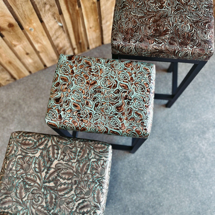 Embossed leather bar stool / counter stools / turquoise - Farmhouse style- Custom made - Various seat heights 7