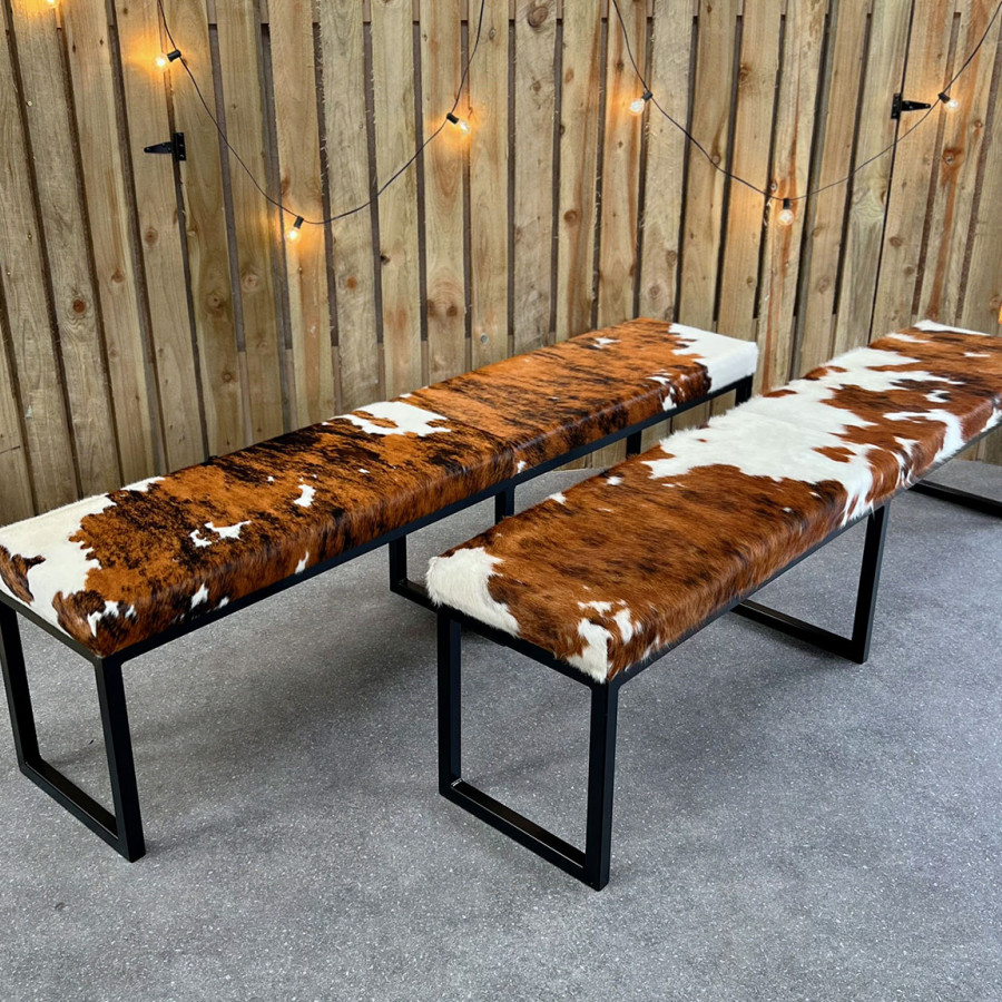Cowhide dining table bench / Cowhide bench - 60" wide - Steel frame and Genuine cowhide upholstery -  Handmade