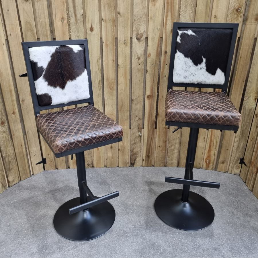 Genuine Cowhide Stool - ADJUSTABLE HEIGHT + Swivel - Counter Stool / Bar stool with back support - GLBK 1