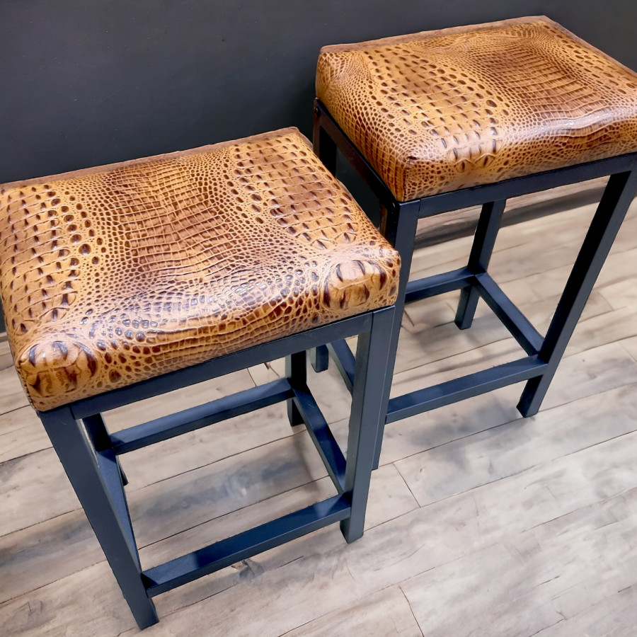 Croc Saddle tan genuine leather counter stool | Crocodile 'look' real leather - counter stool | Bar stool - Handmade -FP- 1