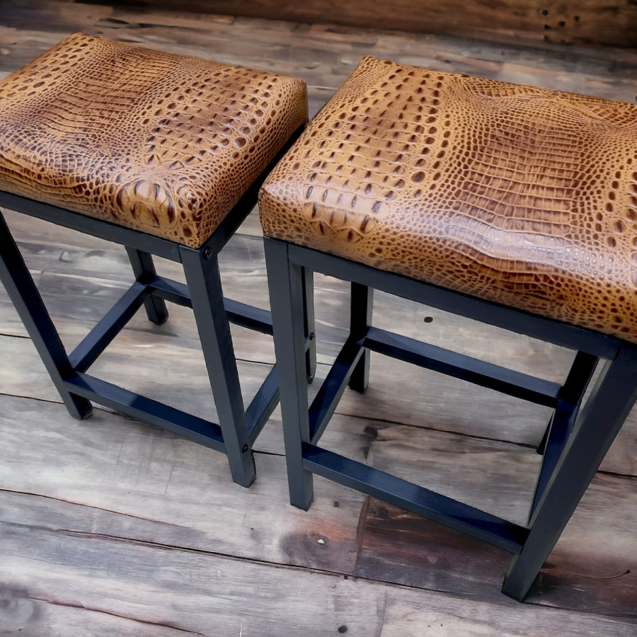 Croc Saddle tan genuine leather counter stool | Crocodile 'look' real leather - counter stool | Bar stool - Handmade -FP- 4