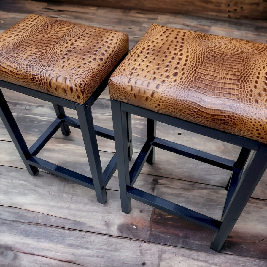 Crocodile genuine Saddle Tan leather counter stool | Crocodile 'look' real leather - counter stool | Bar stool - Handmade -FP- 4