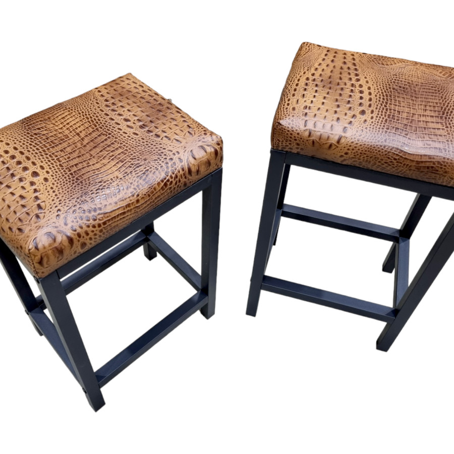 Croc Saddle tan genuine leather counter stool | Crocodile 'look' real leather - counter stool | Bar stool - Handmade -FP- 6