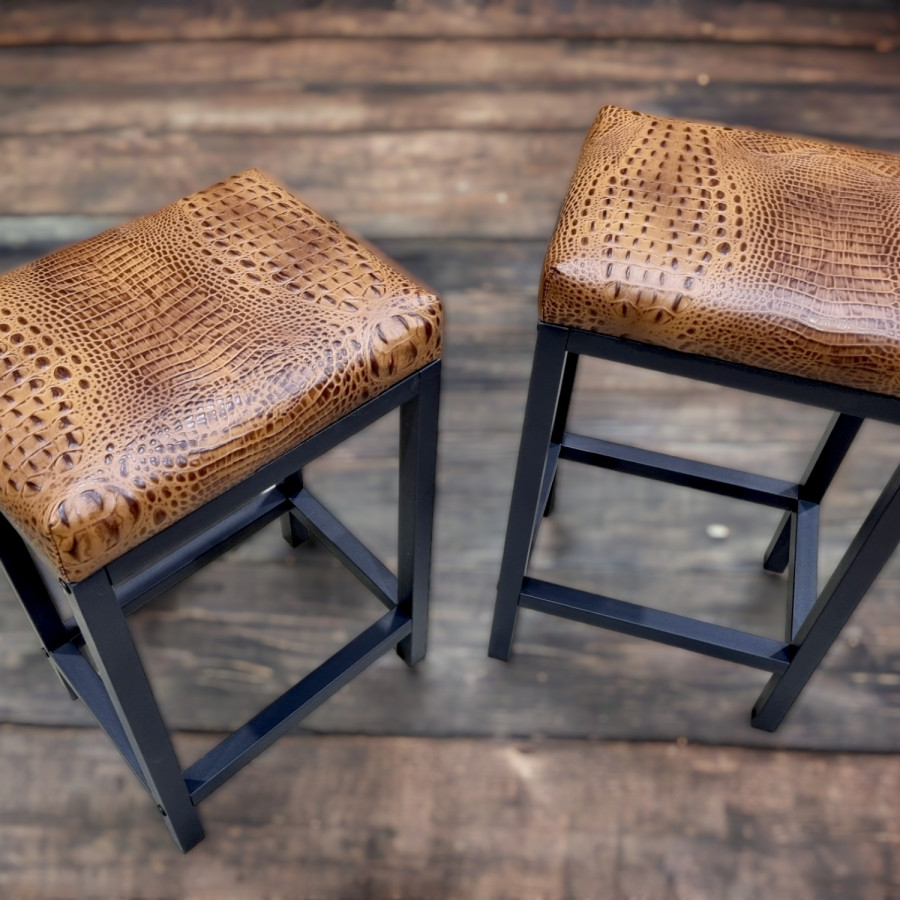 Crocodile genuine Saddle Tan leather counter stool | Crocodile 'look' real leather - counter stool | Bar stool - Handmade -FP- 7