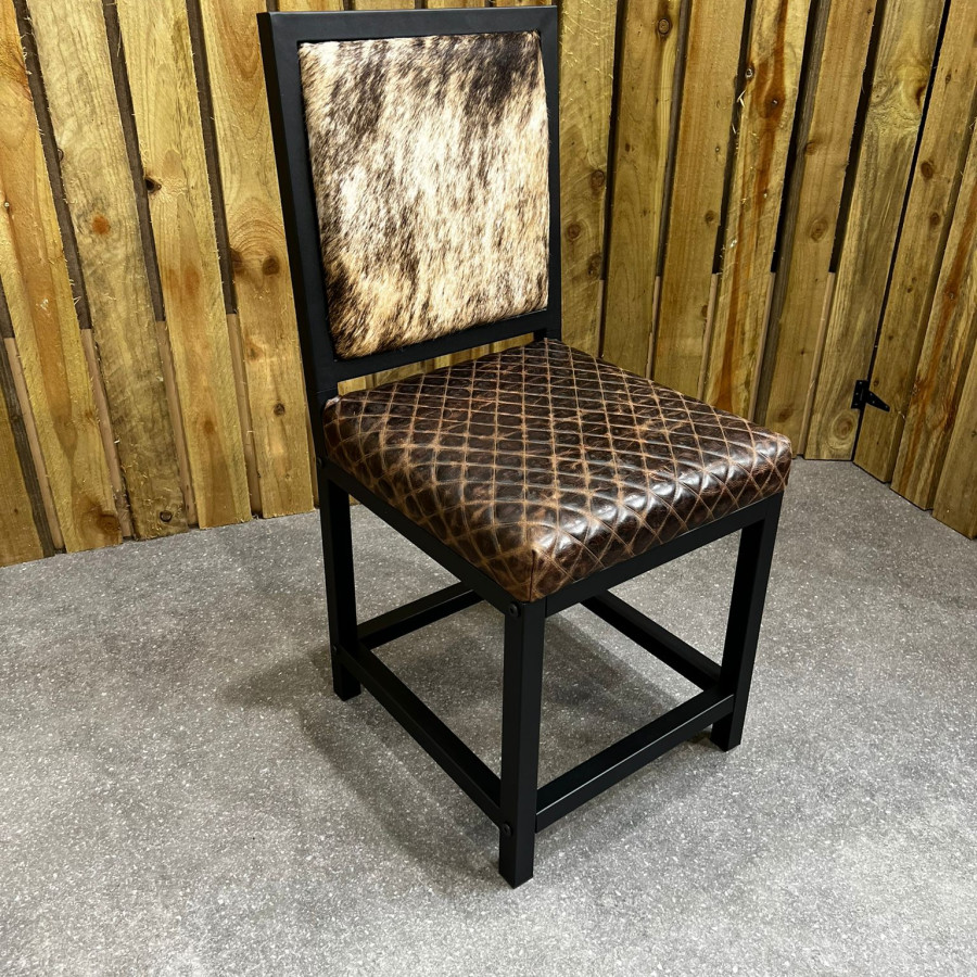 Cowhide dining chair with diamond stitch leather seat | Genuine cowhide and leather leather with black steel frame -FPDC- 0