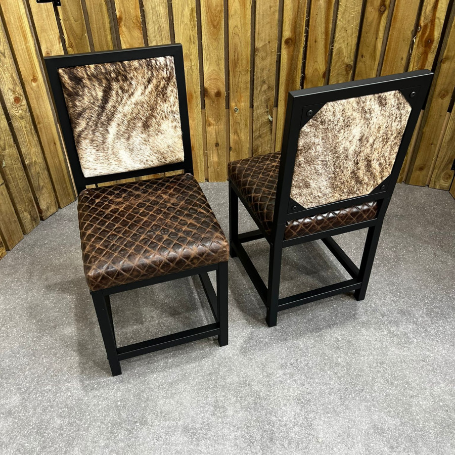 Cowhide dining chair with diamond stitch leather seat | Genuine cowhide and leather leather with black steel frame -FPDC- 1