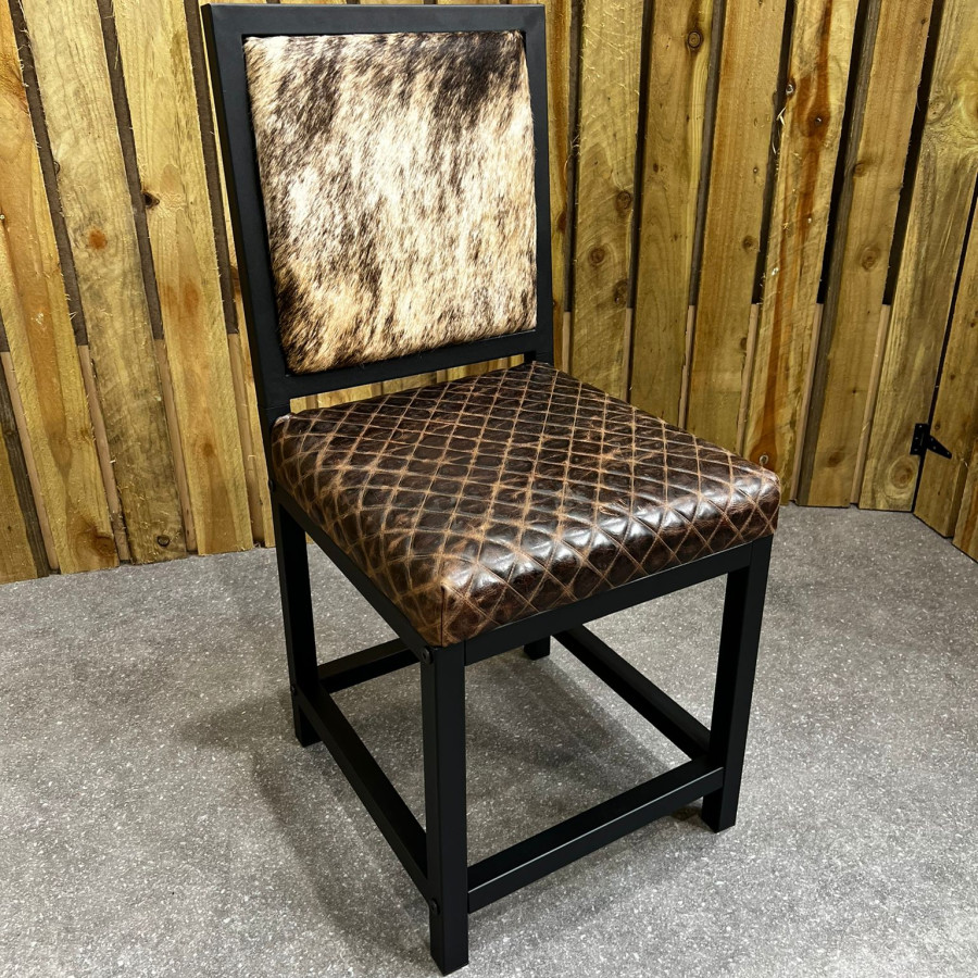 Cowhide dining chair with diamond stitch leather seat | Genuine cowhide and leather leather with black steel frame -FPDC- 3