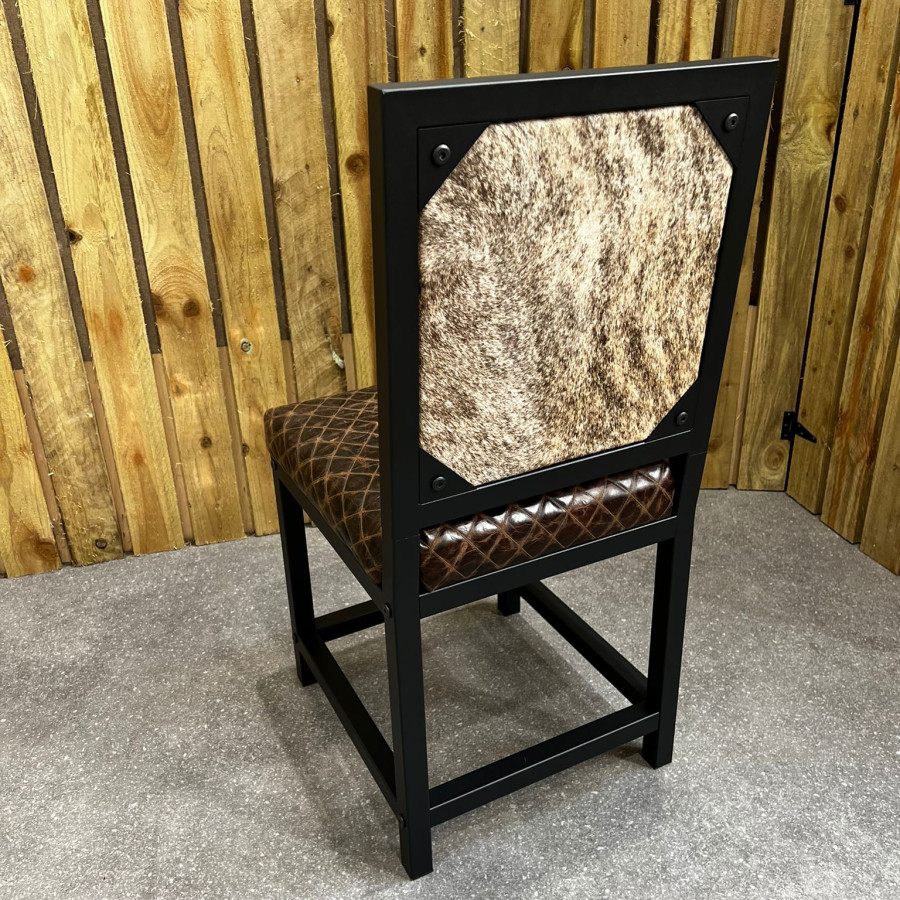 Cowhide dining chair with diamond stitch leather seat | Genuine cowhide and leather leather with black steel frame -FPDC- 5